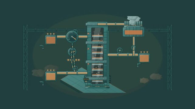 Abstract animated distillation column separating fractions drawn as cyan and teal lines and shapes on a deep dark background. Seamless looping 4K motion graphics video with free space for text, ideal 