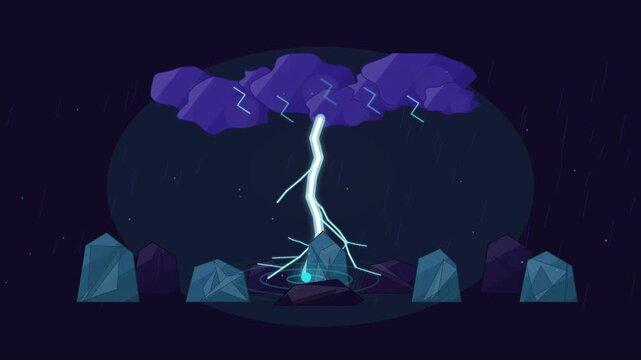 Abstract animated lightning discharge branching down drawn as blue and cyan lines and shapes on a deep dark background. Seamless looping 4K motion graphics video with free space for text, ideal for sc
