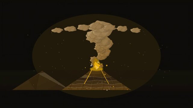 Abstract animated volcanic ash plume dispersing downwind drawn as amber and orange lines and shapes on a deep dark background. Seamless looping 4K motion graphics video with free space for text, ideal