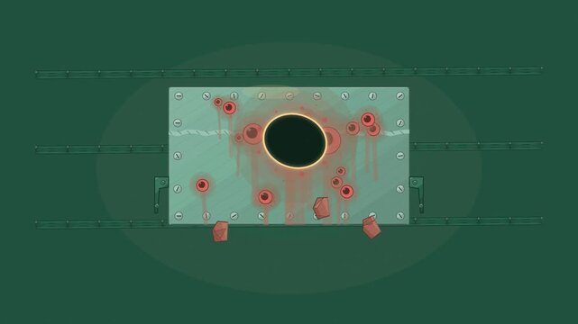 Abstract animated corrosion pitting eating into a surface drawn as green and teal lines and shapes on a deep dark background. Seamless looping 4K motion graphics video with free space for text, ideal 