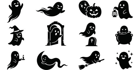 Obraz premium Set of cute black and white hand drawn ghost and halloween character stickers for seasonal holiday design