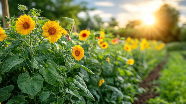 Vibrant sunflowers blooming in a lush garden, bathed in the golden glow of a setting sun, capturing the essence of summer nature.