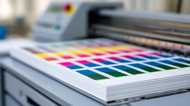A stack of printed color swatches sits on a flatbed printer  showcasing a spectrum of hues for design or manufacturing reference