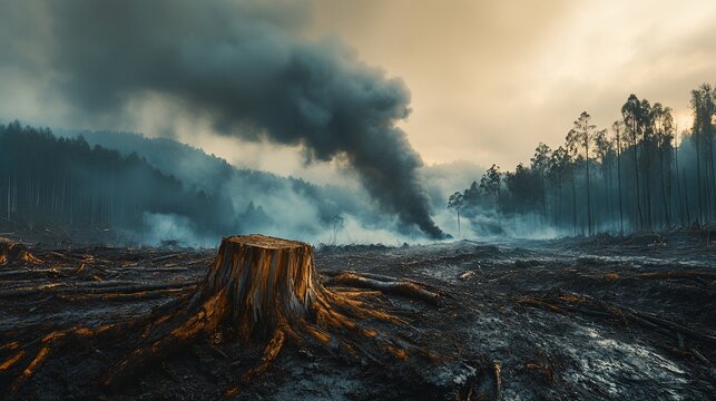 Deforestation Tree stump in a charred, smoky landscape with forest destruction