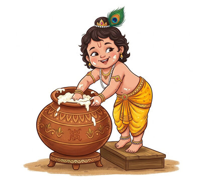 Little Krishna Reaching Into a Decorated Earthen Butter Pot in a Playful Childhood Scene