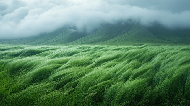 Windy Green Meadow Under Moody Clouds and Forested Mountains