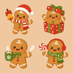 Fototapeta premium Set of cute gingerbread man characters celebrating Christmas with gifts and winter treats