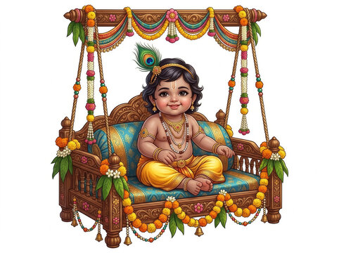 Little Krishna Child Sitting on a Colorfully Decorated Traditional Hanging Swing