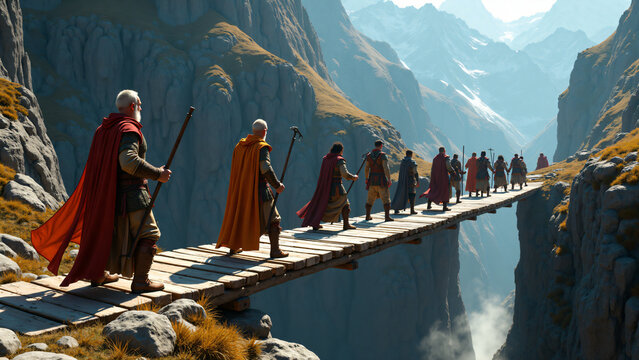 Fantasy heroes build temporary wooden bridge over mountain ravine with bright sunlight and dramatic
