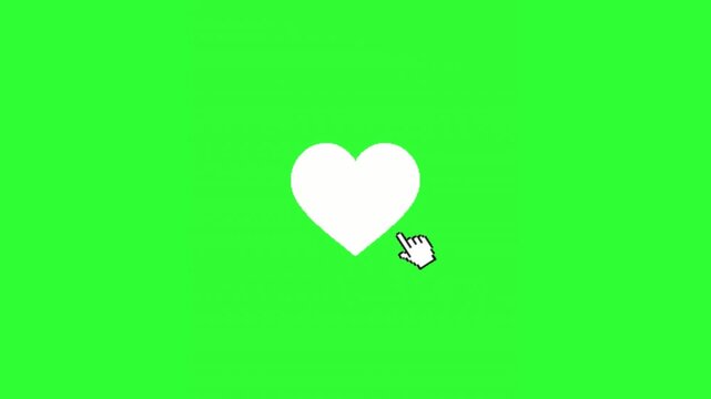 Animated red heart like button with a hand cursor and a 500 count on a green screen background, perfect for social media engagement, romantic content, reaction graphics, milestone celebrations, and ch