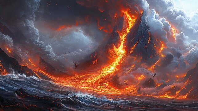 Fiery eruption on ocean coast. Molten lava flows down mountain into dark water