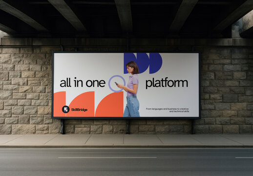 Billboard Mockup PSD With A Woman Using A Tablet Under A Bridge