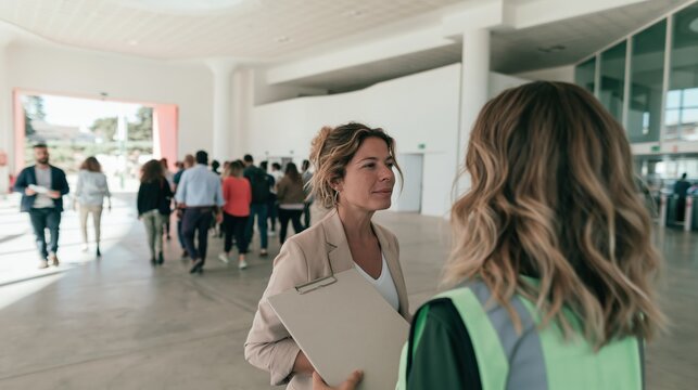 Female fire warden in a high-visibility vest guiding office workers through a bright, spacious lobby for safety training and corporate compliance