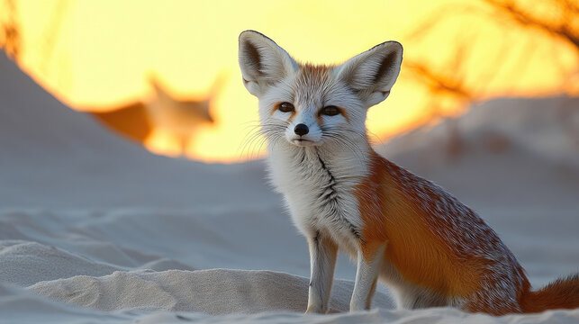 Adorable Fennec Fox with Big Ears in Desert Sands at Sunset, Wildlife Portrait