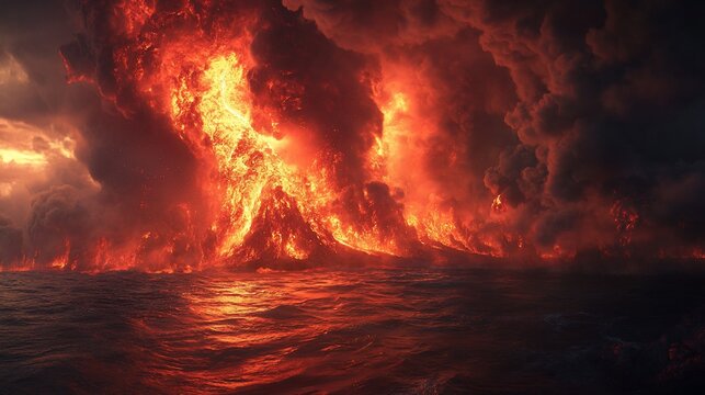 Fiery inferno raging over the ocean, smoke billowing, sky darkened and dramatic