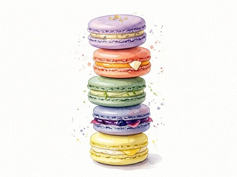Watercolor Colorful macaron stack with pastel shades Clipart Collection Set - Isolated Clipart Set for Artisanal Bakery & Cafe