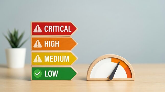 Risk level indicator with blocks showing critical high medium low and a gauge showing progress for risk management assessment.