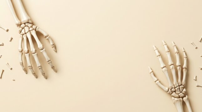 Skeleton hands reaching out with scattered bones against a soft beige background with copy space