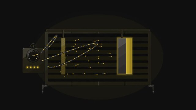 Abstract animated metal depositing during electroplating drawn as yellow and gold lines and shapes on a deep dark background. Seamless looping 4K motion graphics video with free space for text, ideal 