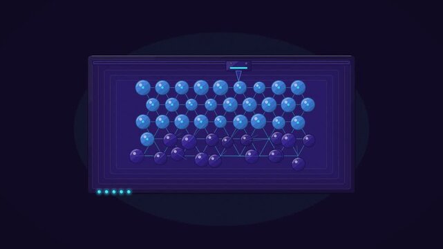 Abstract animated nanoparticles self assembling into order drawn as blue and cyan lines and shapes on a deep dark background. Seamless looping 4K motion graphics video with free space for text, ideal 