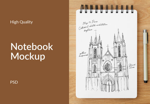 Notebook Mockup With Cathedral Sketch PSD