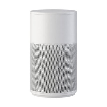 Modern white smart speaker with cylindrical design and perforated metal mesh surface isolated on plain white background showing minimalist aesthetic for home audio sound technology equipment