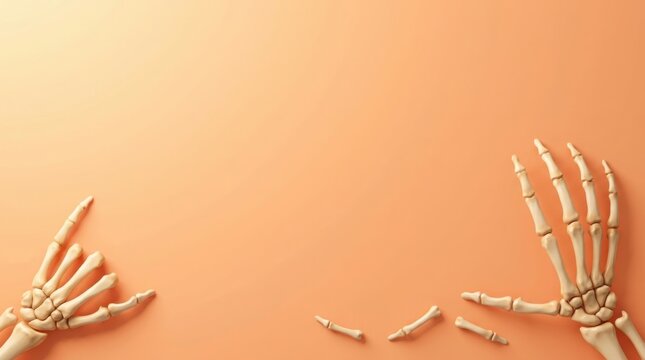 Skeleton hands with broken finger during Halloween on peach background with copy space