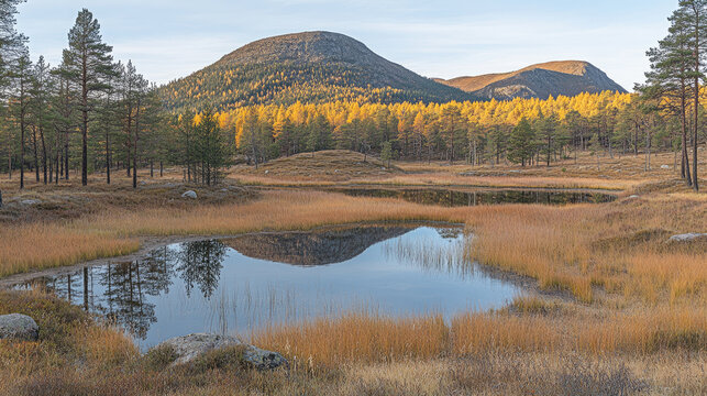 Autumn forest lake reflection, golden trees, pine trees, mountains, and dry grass in a serene natural landscape