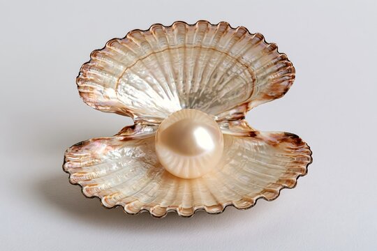 A beautiful lustrous pearl resting inside an open scallop seashell isolated on white background