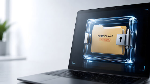 Personal data document protected by digital security system on laptop