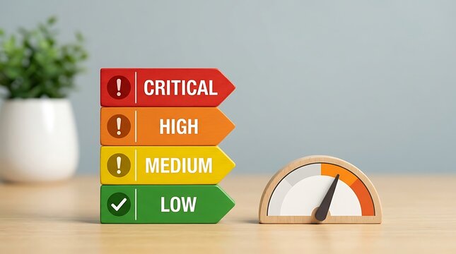 Risk assessment levels of critical high medium low with an indicator gauge on a table.