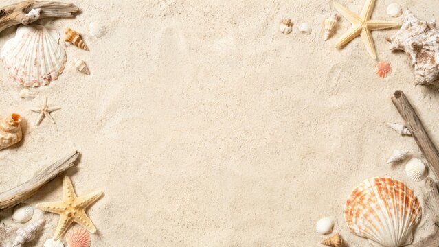 Sandy beach background with seashells, starfish, driftwood and scattered small shells arranged around an empty central space