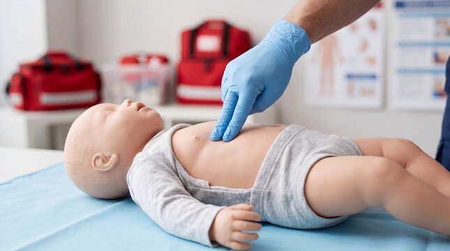 Training with infant CPR dummy demonstrating emergency response for medical education and lifesaving techniques in healthcare settings