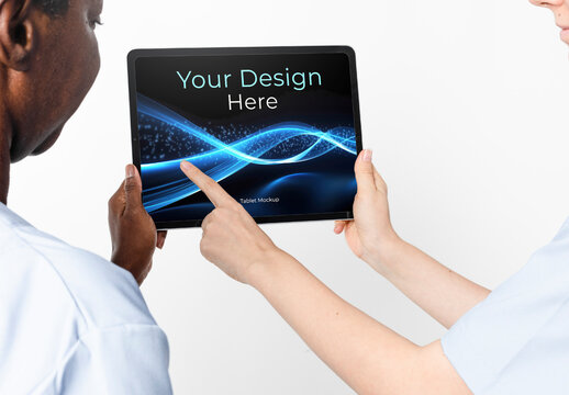 Tablet Mockup With Diverse Hands PSD