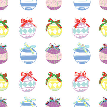 This is a seamless pattern with Christmas baubles and ribbons&nbsp;&mdash;&nbsp;repeating festive design in a cohesive palette, ideal for wrapping paper, fabric prints, and holiday decor