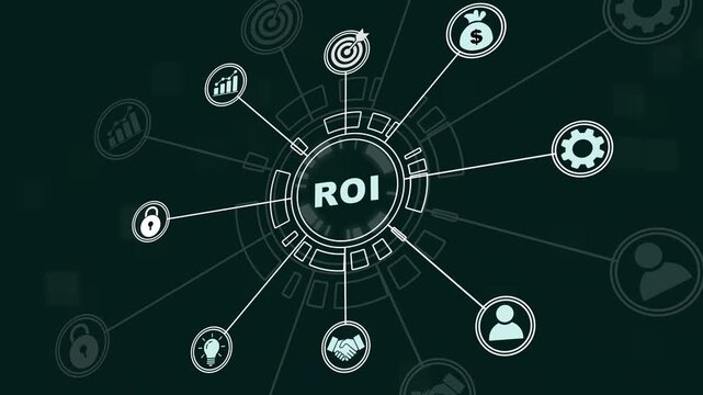 Dynamic digital infographic animation featuring roi concept with interconnected business strategic growth metrics, and corporate financial data visualization on a sleek dark tech background