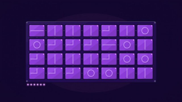 Abstract animated tiles resolving through constraint solving drawn as violet and blue lines and shapes on a deep dark background. Seamless looping 4K motion graphics video with free space for text, id