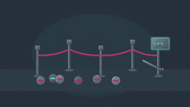 Abstract animated customers flowing through a managed queue drawn as blue and cyan lines and shapes on a deep dark background. Seamless looping 4K motion graphics video with free space for text, ideal