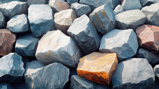 Close-up Textured Stack of Natural Rough Stones and Rocks, One Golden Stone Highlighted