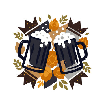 Traditional frothy beer mug set adorned with golden hops garland and barley sheaves in a Bavarian crown crest design, concept for Oktoberfest branding, brewery logos, pub decor, and festive beer