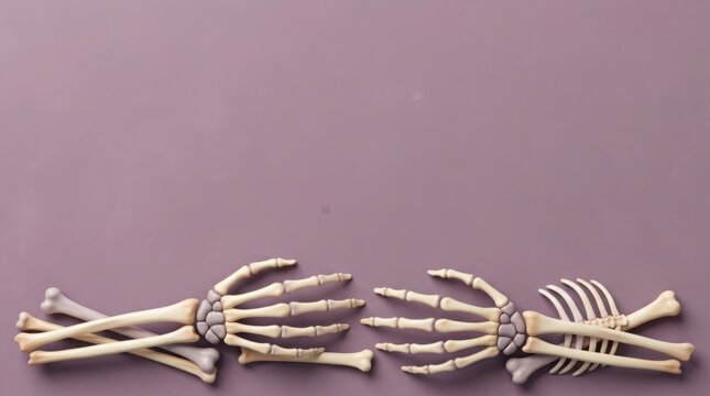 Skeleton hands reaching across a muted purple background with copy space