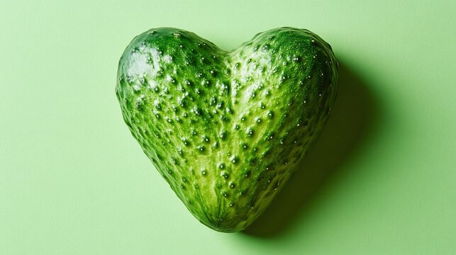 Heart-shaped cucumber on a green background, symbolizing healthy food