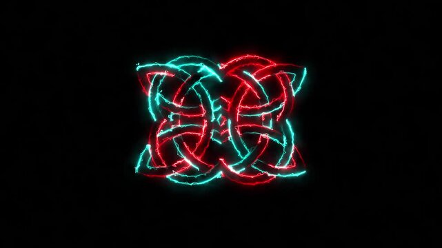 Glowing neon celtic knot design with red and blue light