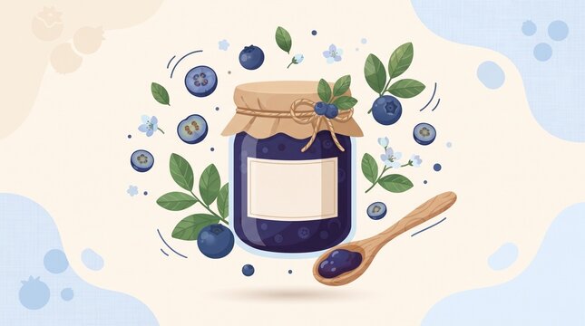 Blueberry jam jar surrounded by fresh berries, leaves and a wooden spoon, colorful flat illustration for homemade food and packaging concepts.