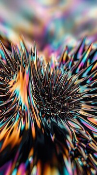 Iridescent ferrofluid spikes metallic liquid forming abstract magnetic peaks with holographic rainbow reflection for futuristic background science art dynamic texture modern design macro wallpaper vis