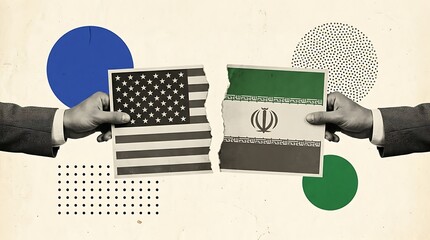 Two hands tear apart ripped paper with United States and Iran flags, symbolizing political conflict and diplomatic tension.