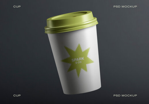 White Takeaway Cup Mockup PSD With Green Lid And Star Logo On Dark Background