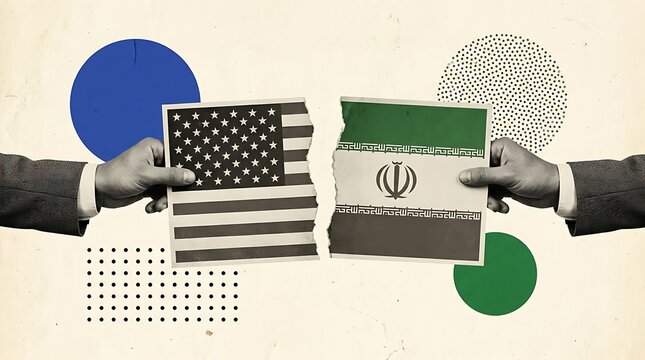 Two hands tear apart ripped paper with United States and Iran flags, symbolizing political conflict and diplomatic tension.
