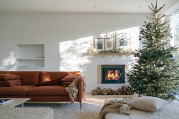 Naklejka premium Terracotta orange sofa in a cozy living room with a decorated christmas tree and glowing fireplace for home comfort and holiday campaigns