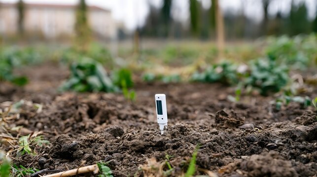 A soil moisture sensor stands upright in dark earth  with blurred green plants and distant trees in the background